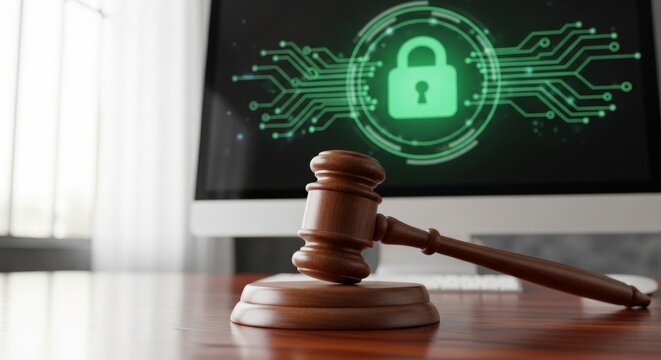 Cybersecurity law and data protection: gavel and digital security icon