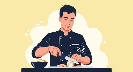 Professional chef preparing delicious food in the kitchen with culinary skills, offering a healthy and tasty meal experience