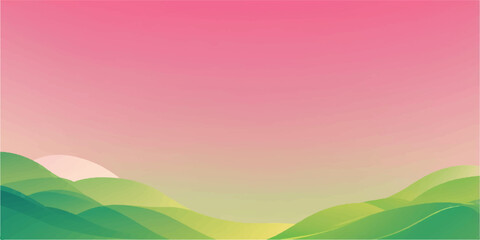 Obraz premium Abstract rainbow vector background showing a sky over a green meadow with mountains and a bright sunrise
