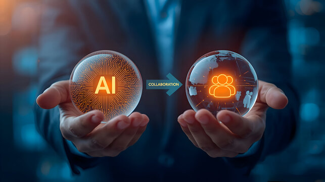 Powerful AI technology combined with vast human potential creates greatest benefits, hopeful concept shown by businessman holding two glowing crystal balls with icons
