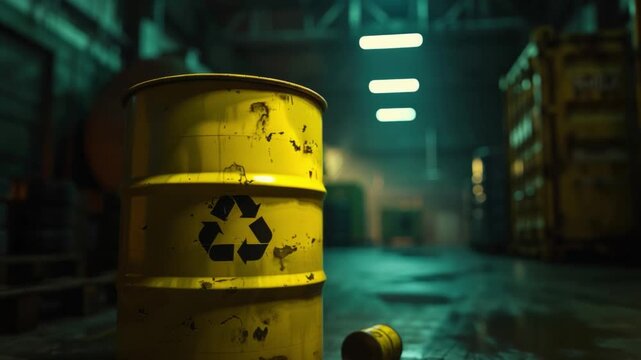 Hazardous Waste Disposal: A weathered yellow barrel emblazoned with the universal recycling symbol stands as a potent symbol of responsible disposal, juxtaposed against an industrial backdrop.
