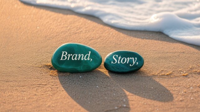 Brand story written on stones on a sandy beach with ocean wave