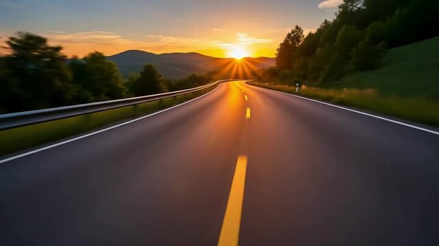 Driving towards a brighter 2026 on a scenic road trip at sunset, planning future success, charting course for goals, and envisioning new beginnings