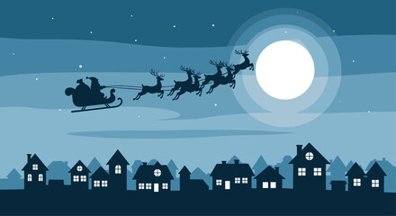 Magical Santa sleigh ride over silhouette village under glowing full moon on snowy Christmas Eve night