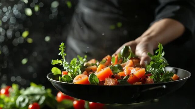 Fresh tomatoes and greens tossed in a pan, creating a dynamic food preparation moment with ingredients in motion.