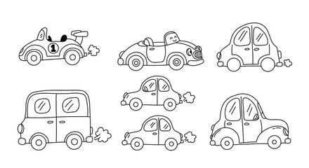 Hand-drawn car illustration set with multiple cute mini vehicles in a simple, clean, black-and-white doodle style