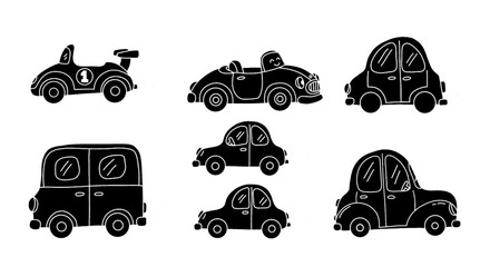 Cute doodle car clipart illustrated on a black, featuring whimsical hand-drawn vehicles and playful smoke cloud