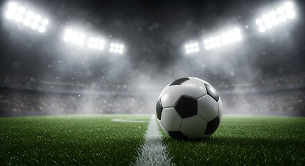 Obraz premium Soccer ball on a grassy field with bright stadium lights