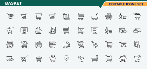 Basket line icon set. Contain linear symbols buy, shopping cart, commerce, bag, store and more. Cart related icon set. Perfect for logos and infographic. Editable stroke. Vector illustration.