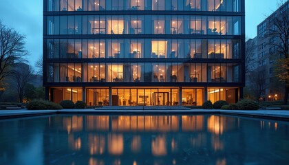 Modern office building exterior reflects in calm water. Many illuminated windows show interior workspaces. Glass facade creates sleek urban architecture. Tall structure stands against twilight sky.