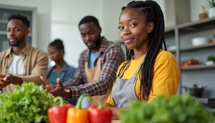 Diverse group shares cooking tips in bright kitchen. Woman wearing apron guides two men fresh vegetables like peppers, lettuce. Image represents healthy eating, community learning, culinary skills
