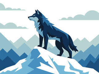 Strong Blue Wolf Standing on Snowy Mountain Peak Vector Illustration