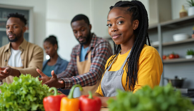 Diverse group shares cooking tips in bright kitchen. Woman wearing apron guides two men fresh vegetables like peppers, lettuce. Image represents healthy eating, community learning, culinary skills