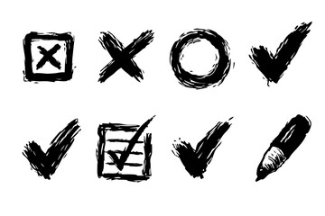 Hand Drawn Check Mark & X Icon Set - Sketch Doodle Tick Box Vector Illustration