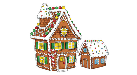 Whimsical gingerbread houses adorned with festive icing and colorful candy decorations create a charming holiday scene
