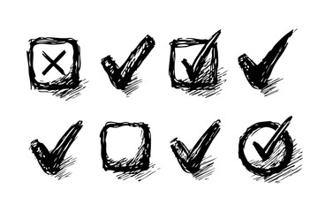 Hand Drawn Check Mark & X Icon Set - Sketch Doodle Tick Box Vector Illustration
