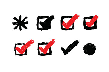 Hand Drawn Check Mark & X Icon Set - Sketch Doodle Tick Box Vector Illustration