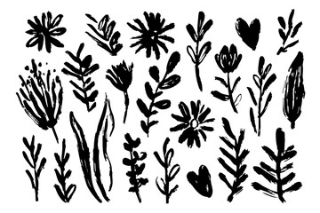 Hand Drawn Flower Brush Vector Set - Doodle Floral Leaf & Abstract Botanical Silhouettes