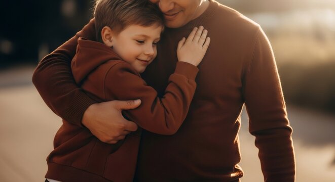 Little boy hugging his father, showing family love and emotional bond between parent and child on Fathers Day concept.