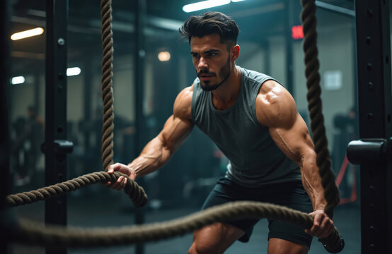 Muscular man exercises with battle ropes at gym. Strong athlete in intense functional training workout. Determined person strength, cardio routine with sport equipment for power, endurance, wellness.