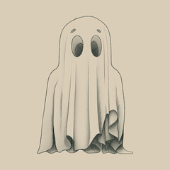 Adorable cartoon ghost with a sheet costume and big eyes in minimalist style illustration