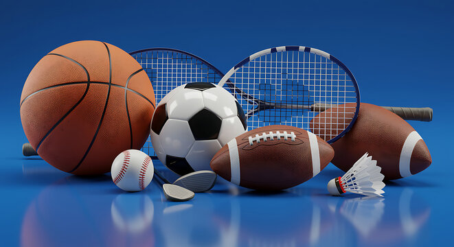 Collection of various sports balls and equipment on blue surface