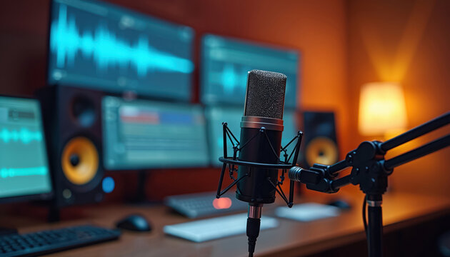 Pro sound recording studio setup large microphone on boom arm. Multiple computer monitors display audio waveforms for editing. Modern tech equipment for creating podcasts, radio broadcasts, online