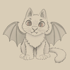 Adorable cartoon kitten with bat wings sitting and smiling in fantasy style illustration