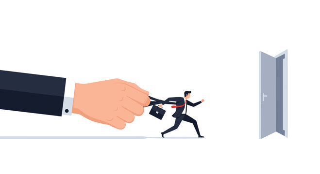 Businessman desperately running towards open door while being pulled back by a giant hand, representing career challenges