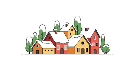 Charming snow-covered houses and evergreen trees create a cozy winter village scene with vibrant colors