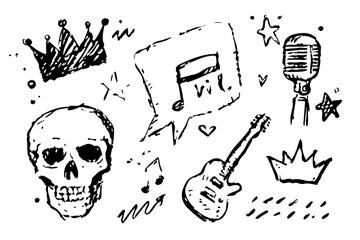 Punk Rock Doodle Icon Set - Hand Drawn Guitar, Microphone, Skull & Graffiti Elements Vector