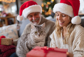 Retrato navideño que evoca alegría compartida, vínculo intergeneracional y ternura animal en entorno decorado y festivo.Joven y adulto con gorros de Santa sonríen junto a gato.