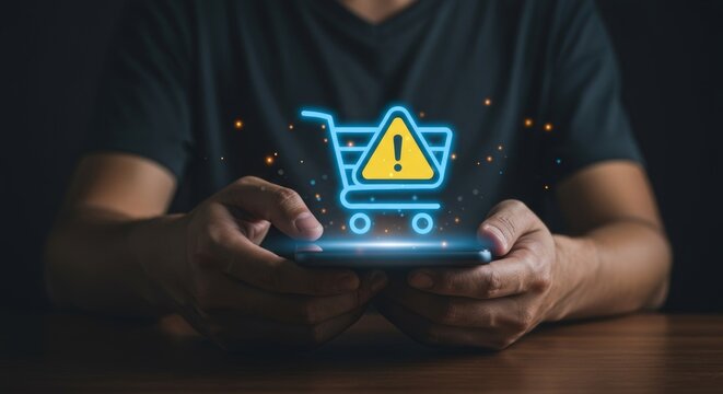 Online shopping alert: person experiences e-commerce issue on mobile phone with warning shopping cart icon