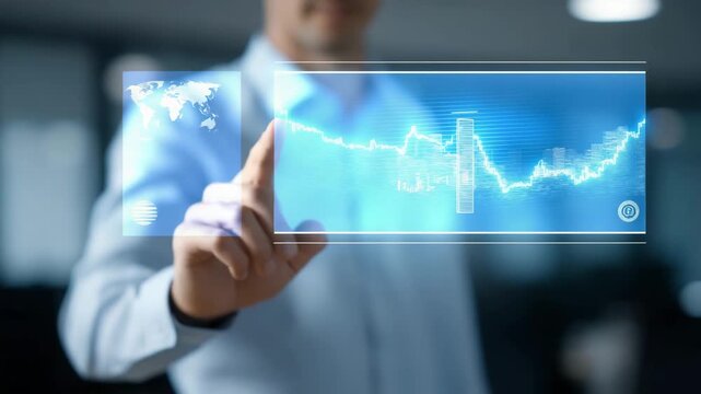 Advisor pointing at holographic projections of property, stocks, and cryptocurrency trends in a modern office, illustrating wealth management, diversified investment strategies, risk mitigation,