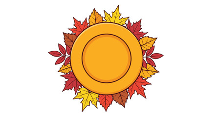Vibrant autumn leaves surround a golden circular frame perfect for seasonal announcements or fall themed designs