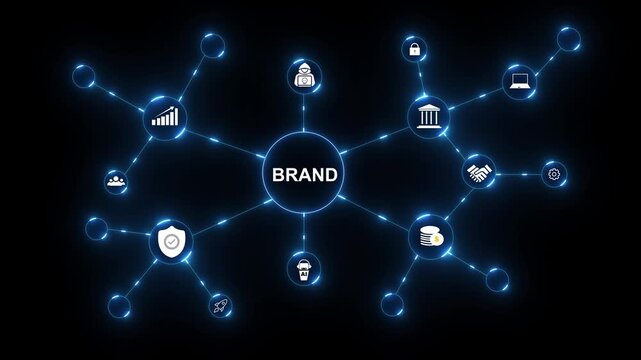 Abstract network connecting brand growth security partnership finance and data analysis. Brand network connects business and finance. Digital strategy drives security, trust and growth.4k video..