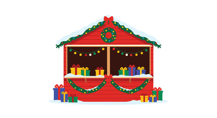 Obraz premium Festive red Christmas market stall overflowing with colorful gift boxes and twinkling lights, ready for holiday shopping