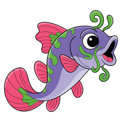 Kawaii doodle icon giant catfish vector illustration with purple mustache smiling face perfect for aquatic animal cartoon or cute creative artwork design