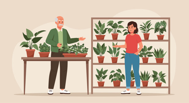 Elderly man and young woman happily discuss houseplants in a vibrant garden center setting - Powered by Adobe