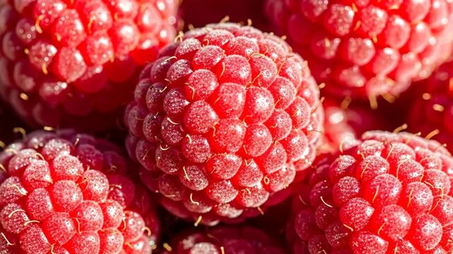 Closeup movement of fresh raspberries with vibrant red texture under sunlight