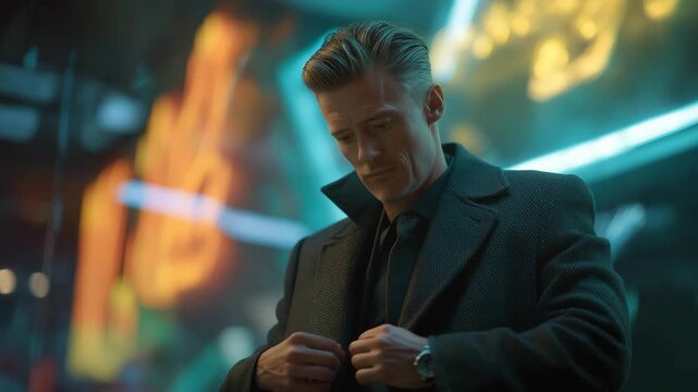 Detective adjusting his coat while scanning a dim alley glowing with neon signs, symbolizing high-stakes pursuit, futuristic crime-solving, and cinematic atmosphere of tension and intrigue.