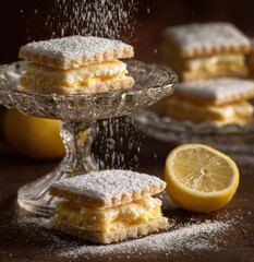 Zitronenschnitten mit Cremefüllung und Puderzucker auf Glasständer
