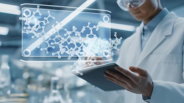 Futuristic AI system controlling chemical reactions in real time, projecting 3D molecular models, symbolizing predictive chemistry, lab safety, and advanced scientific research integration.