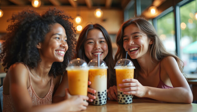 Diverse young women friends smile, laugh together. They hold refreshing bubble boba tea drinks with tapioca pearls. Girls enjoy sweet beverages at a cafe. Teens have fun, hangout, relax, socialize.