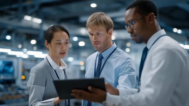 Industrial engineers collaborating around digital control panels connected to automated production lines with smart sensors, symbolizing teamwork, efficiency, and advanced factory operations. - Powered by Adobe