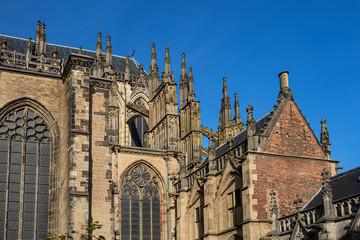 Architectural fragments of St. Martin's Cathedral or Dom Church (Domkerk, from 1254), dedicated to Saint Martin of Tours. Utrecht, the Netherlands.