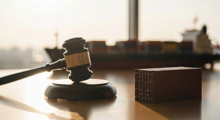 Obraz premium Maritime law, global trade, and logistics: gavel, container, and cargo ship