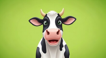 Cute cartoon cow headshot smiling on green background