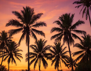 Naklejka premium palm tree silhouette at sunset. Silhouette of palm trees at tropical sunrise or sunset