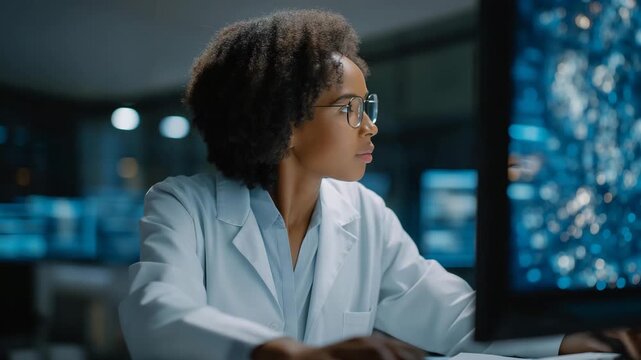Medical researcher studying anonymized patient records with AI-assisted analytics, showing intrigue and focus, symbolizing predictive healthcare modeling, privacy-compliant data insights, and